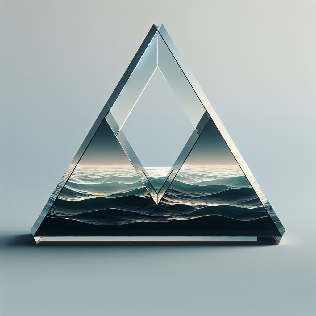 minimalist design abstract monochromatic triangle glass sculpture in the ocean