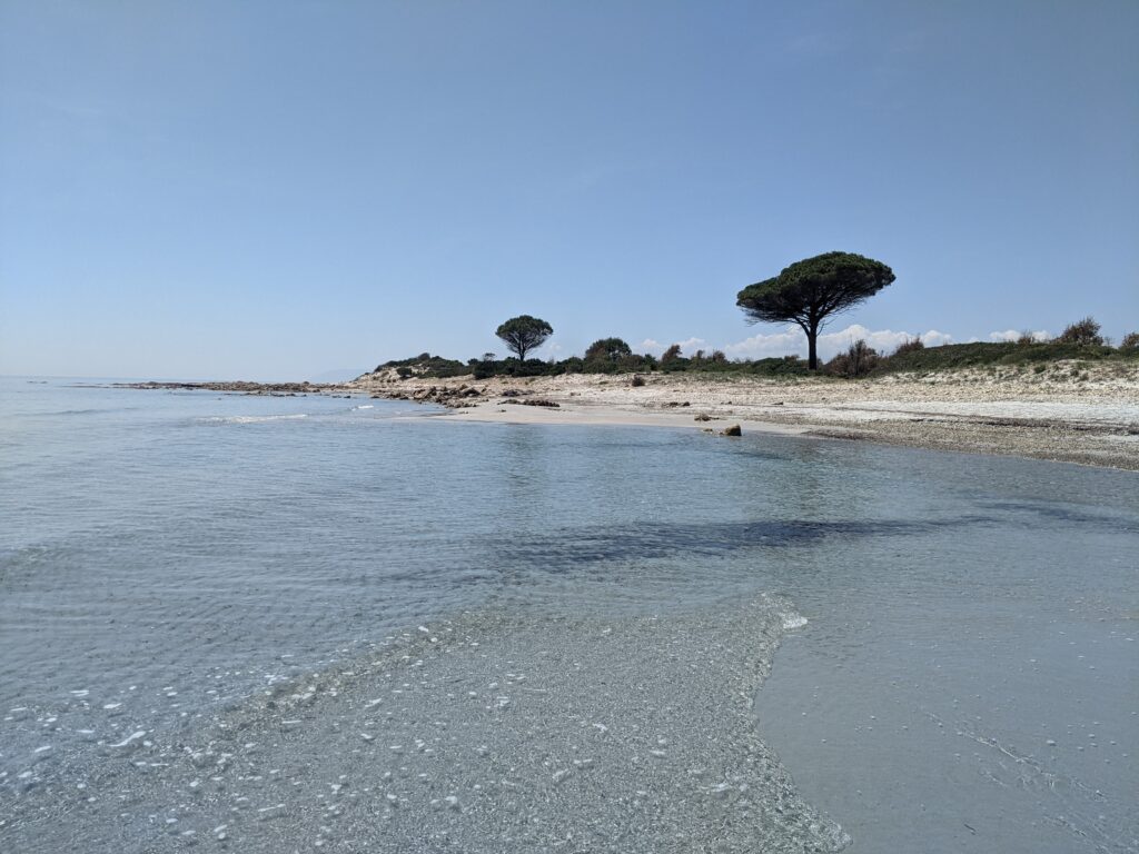 Sardegna beach with blue water and trees